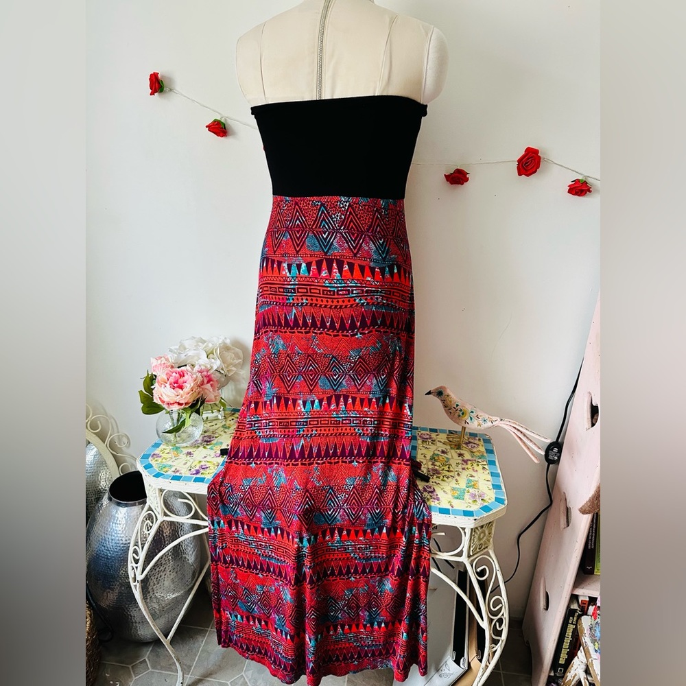 Hurley Black Red Tribal Aztec Boho Patterned Maxi Dress L - Picture 6 of 9